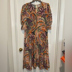 Tyler Boe Multicolor Paisley Long Sleeve 100% Silk Dress. Size XL. NWT